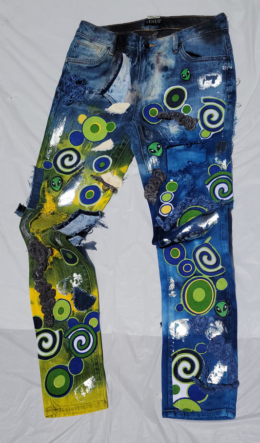 "Galactic-themed Women's Pants in Size 4-5: Blue, Green, and Yellow"