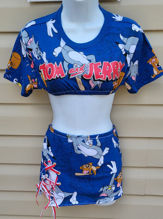 TOM and JERRY Ladies Shirt 2 piece set size small- Ladies Classic Cartoon custom sewing